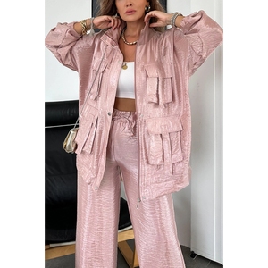 Ensemble 2 pièces décontracté pour femmes, pantalon ample à manches longues avec poche 3D, couleur unie, tendance - Product Image 2