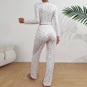 Vente chaude vêtements de nuit pour femmes nœud papillon <span class=keywords><strong>col</strong></span> rabattu roulé pyjamas à manches longues pantalons longs pyjamas - Product Image 2
