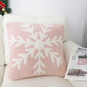 Sıcak satış özel logo tasarımı 20*20 inç noel pembe beyaz kar tanesi desen yumuşak jakarlı yastıkları kapakları