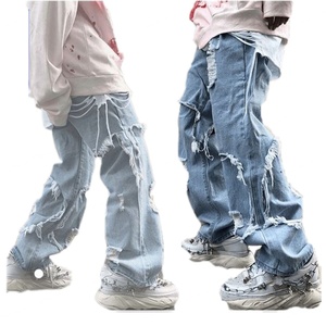 กางเกงยีนส์ขาดทรงหลวมสีน้ำเงินสำหรับผู้ชายไซส์ใหญ่ สไตล์สตรีทแวร์ลำลอง ขากว้าง - Product Image 2