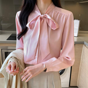 Chemise en satin pour femme avec détail nœud, haut à manches longues et à nouer devant, tendance - Product Image 2