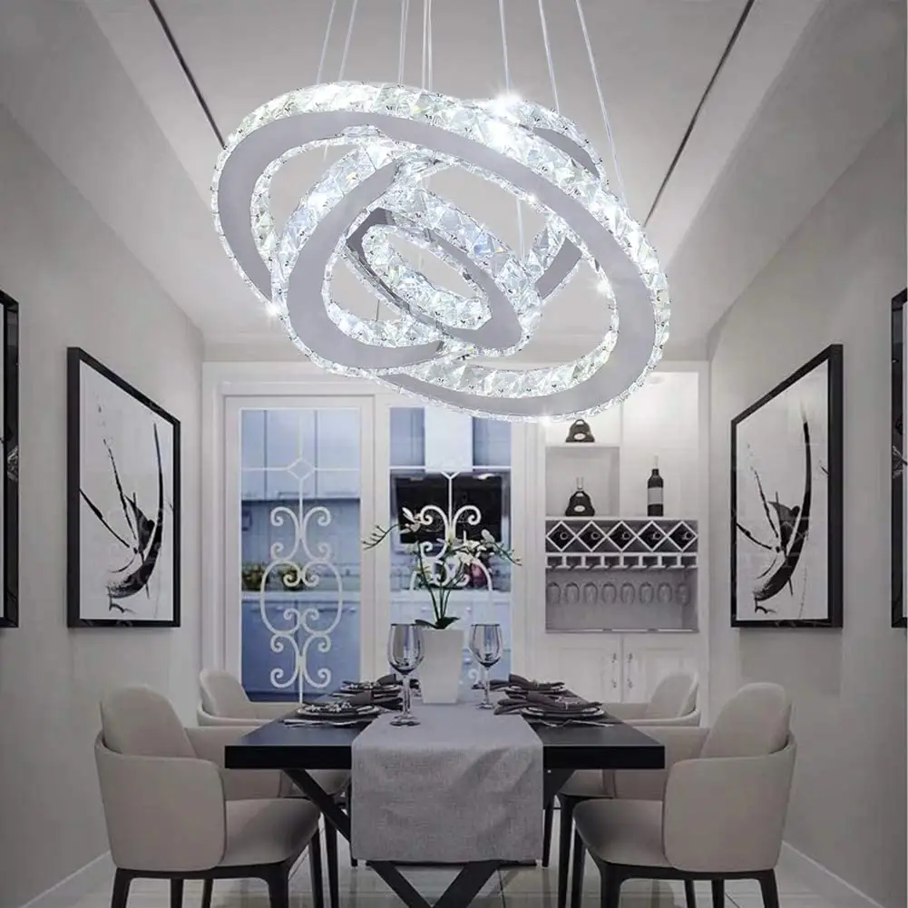 Современные светодиодные хрустальные люстры, 3 кольца, потолочное освещение, регулируемый подвесной светильник из нержавеющей стали для гостиной