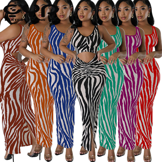 Summer Elegant Women's Zebra Printed Bodycon Dress Sleeveless Floor-Length Vest Dress Digital Printing Woven Washable