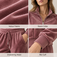 Ensemble deux pièces décontracté en velours pour femme, avec fermeture éclair, col montant, manches longues et pantalon large à cordon de serrage, idéal pour les voyages