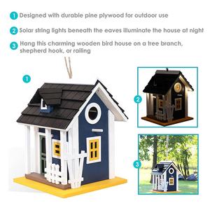 Maison d'oiseau extérieure en bois petite maison d'oiseau suspendue pour l'extérieur LED solaire charmant chalet bleu 9.25 pouces - Product Image 4