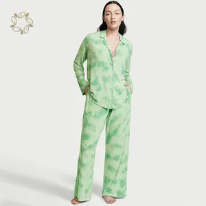 Conjunto de Pijama largo de modal, conjuntos de PJ para mujer, ropa de salón para mujer, fabricante de pijamas modales ecológicos, pijamas con tinte de corbata para mujer