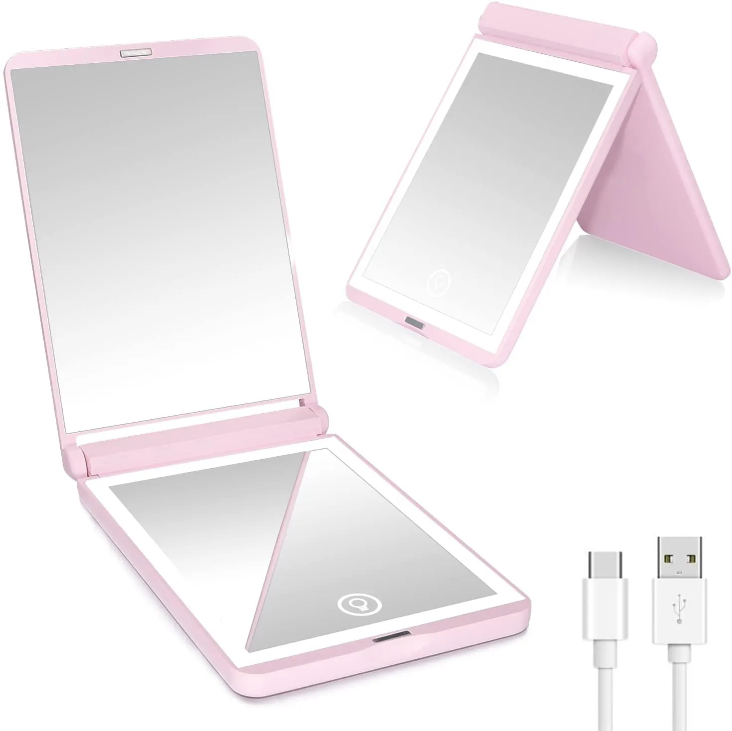 Rechargeable LED Travel Makeup Mirror with Lights Folding Portable Cosmetic Handheld Mirror for Girls Gift