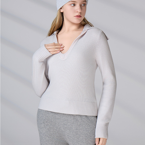 Pull en tricot décontracté à manches longues en laine pour femme, col large beige clair, col en V, idéal pour le bureau et les superpositions - Product Image 3