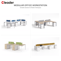 Poste de travail moderne pour 4 personnes, plan ouvert, structure tubulaire carrée, bureau partagé, plateau en bois, cloison en tissu, vente en gros ODM
