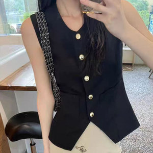<span class=keywords><strong>Chaleco</strong></span> de Tela Elegante para <span class=keywords><strong>Mujer</strong></span>, Estilo Europeo y Americano, Verano 2026, Cuello Redondo, Sin Mangas, con Botones Dorados - Product Image 2