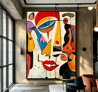 Peinture à l'huile cubiste figurative sur toile, peinte à la main, à l'impasto, visages géométriques, multicolore vibrante, art abstrait rétro texturé