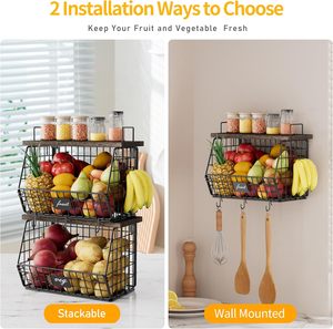 Woldable treo sắt kim loại dây trái cây và rau giỏ cho nhà bếp truy cập <span class=keywords><strong>Stackable</strong></span> với bìa gỗ - Product Image 2