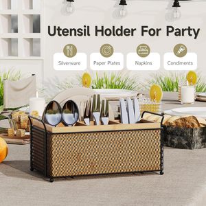 Oniya Custom Bamboe Bestekhouder Picknickmand Met Handvat Lepel- en Vorkorganizer Metalen Bestekbak voor Feestjes - Product Image 3