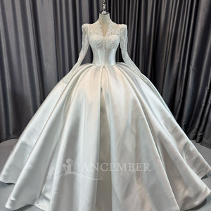 Lscm98 Modern Elegant Ivory Ball Gown <b>Wedding</b> Dress Lace Appliques Illusion Satin Bridal Pearl Button Bodice Smooth Full Skirt - Product Image 2