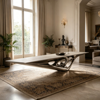 Table basse incurvée épurée à base creuse avec structure intégrée en fibre de verre et finition métallique de luxe pour la décoration de canapé résidentiel