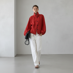 Manteau décontracté pour <span class=keywords><strong>femme</strong></span> MD en <span class=keywords><strong>lin</strong></span> vintage, coupe ajustée, à motif uni, avec boutons et manches lanternes, simple boutonnage - Product Image 1