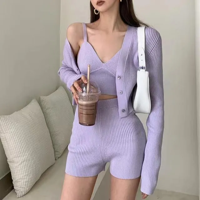 Wholesale Customized Kendou girls Tank Top shorts cardigan knitted three-piece purple casual wear outfit womens sweater set