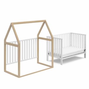 Cuna convertible 5 en 1 de madera maciza moderna, color blanco, con tres alturas ajustables y diseño de dosel para uso hotelero - Product Image 4
