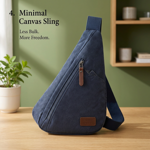 Sac bandoulière minimaliste en toile bleu marine avec fermeture éclair, logo embossé, petite taille, toutes saisons, usage quotidien - Product Image 3