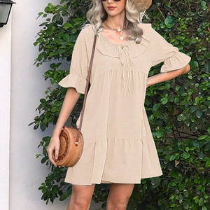 Vendita calda da donna in stile fresco vestito Babydoll al ginocchio con loto manica corta a strati orlo e Design fluente stile dolce - Product Image 2