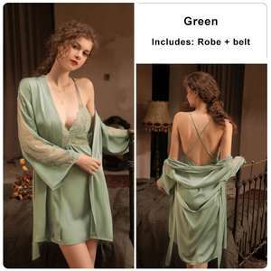 Chemise de nuit rembourrée en V profond sexy en satin soyeux aux couleurs personnalisées Pyjamas en soie glacée lisse avec <span class=keywords><strong>robe</strong></span> de chambre - Product Image 6