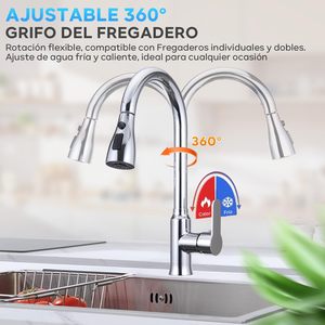 <span class=keywords><strong>Grifo</strong></span> de Fregadero de <span class=keywords><strong>Cocina</strong></span>, Monomando, Montaje en Cubierta, 3 Modos, Llave Inglesa, <span class=keywords><strong>Manguera</strong></span> Extraíble, Rotación de 360°, Mezclador de Acero Inoxidable, Agua Fría y Caliente - Product Image 4