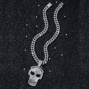Collier Pendentif Crâne Hip Hop Plaqué Or et Argent, Sertie de Diamants, Chaîne Cubaine pour Homme, Écoutez de la Musique - Product Image 3