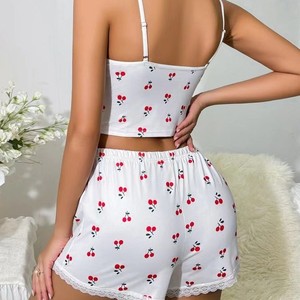 Conjunto de Dos Piezas con <span class=keywords><strong>Tirantes</strong></span> y Estampado de Cerezas, Sexy, Escote Profundo en V, Ropa de Casa para Mujer - Product Image 4