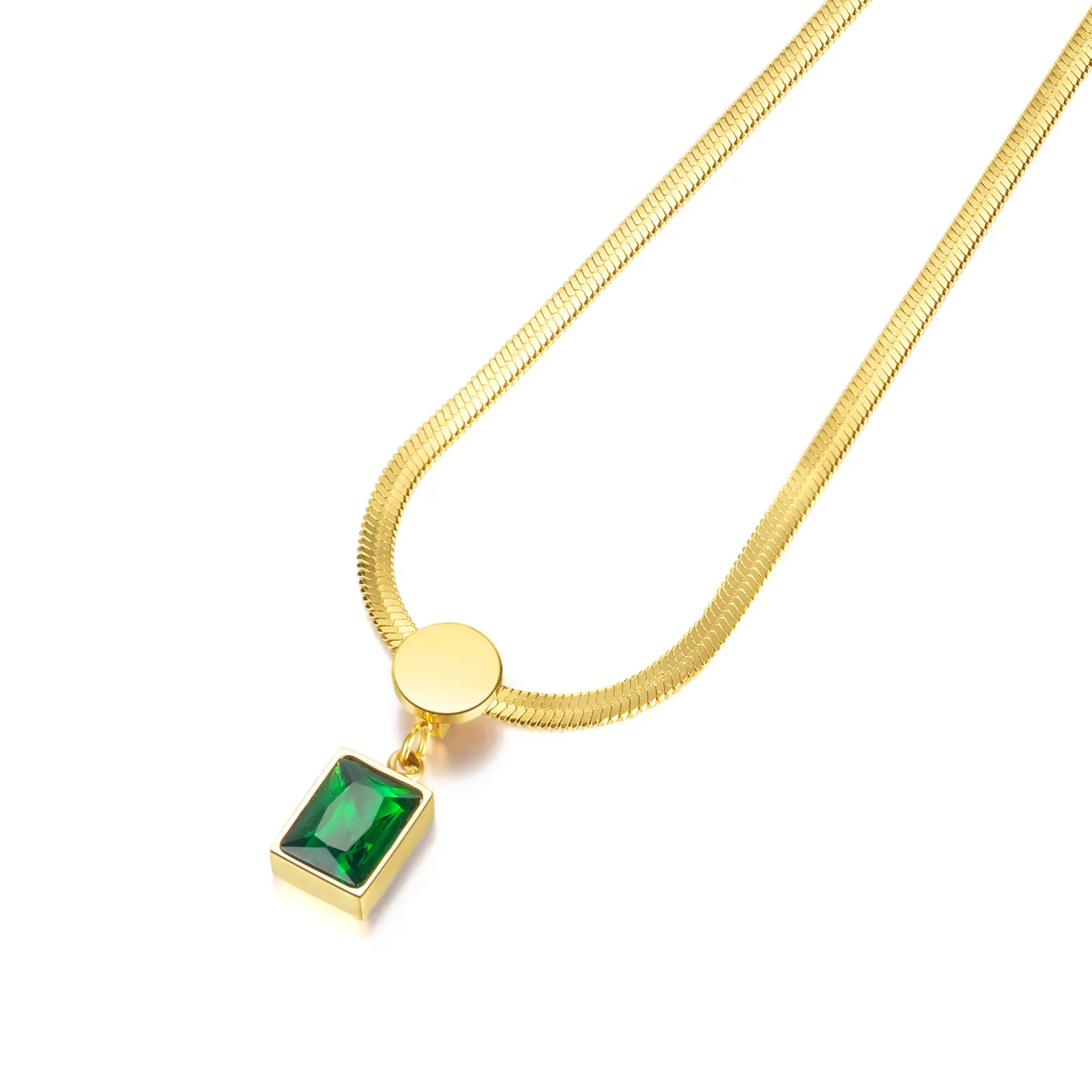 Temperament Titanium Steel Green CZ Snake Chain Necklace Stainless Steel Emerald Diamond Pendant Necklace Jewelry