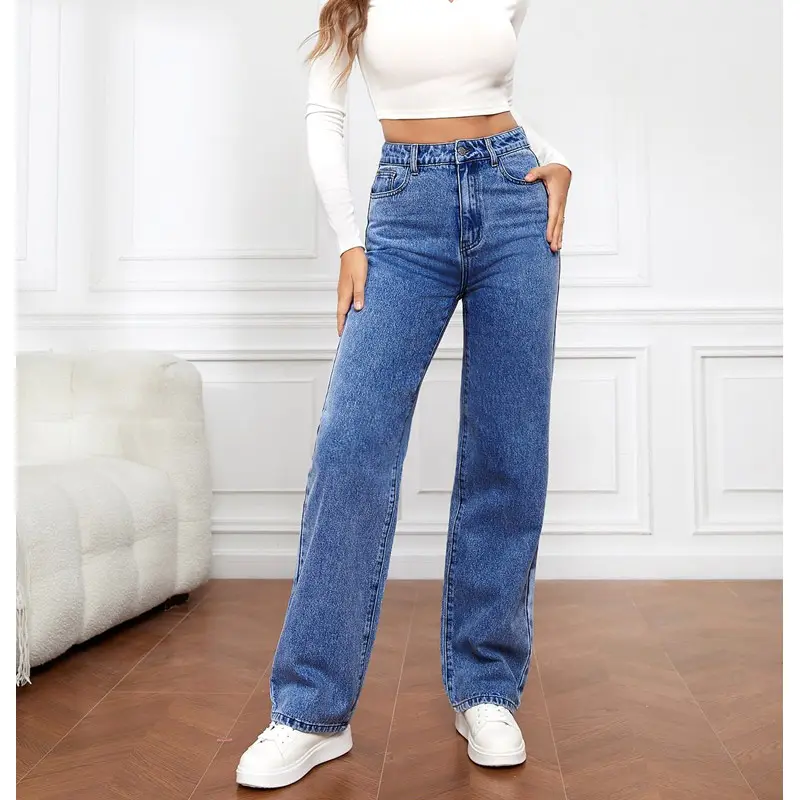 Pantalon en denim pour femmes Logo personnalisé de haute qualité 100% coton lavé droit ample jambe large taille haute jeans pour femmes de grande taille