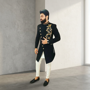 NEW--STYLISH---INDO-WESTERN--BLACK--SHERWANI with <b>Pant</b> WITH BEAUTIFUL ZARDOZI Embroidery for Party & WEDDING Dress @ 2022 - Product Image 3