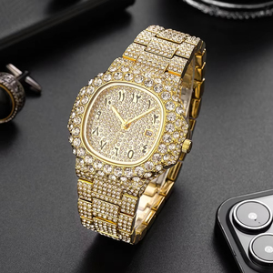 Hot Selling fashion Luxury Gold-Tone Full Diamond Encrusted <b>Watch</b> Arabic Numerals Dial Gold Steel Band Men's Hip Hop Wristwatch - Product Image 1