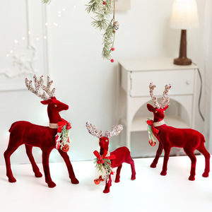 LINGKAI Red Flocked <b>Christmas</b> <b>Reindeer</b> Figurine With Glitter Antler Bell Bow Tabletop Ornament for Xmas Home Holiday Decor - Product Image 1