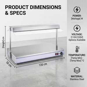Commercial Countertop Food Warmer 120x50cm Stainless Steel Buffet Warming Station with Heat <b>Lamp</b> and Sneeze Guard - Product Image 4