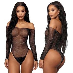 Body Sexy da Donna con Spalle Scoperte, Maniche Lunghe in Rete Trasparente, Lingerie Teddy con Decorazioni in Strass, Taglia Unica - Product Image 1