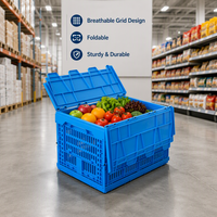 Caisse en plastique pliable de haute qualité pour fruits et légumes, avec couvercle intégré, robuste et en maille