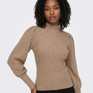Pull décontracté pour femme à col montant côtelé en mélange de viscose, manches longues bouffantes, idéal pour l'automne - Product Image 1