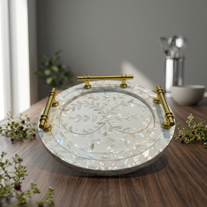 Bandeja Redonda LORD con Incrustaciones de Madreperla y Asas de Latón, Plato Decorativo para Mesa, de Uttar Pradesh - Product Image 3