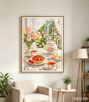 Peinture par numéros pour adultes, kit de peinture sur toile DIY Thé en plein air, Décoration murale nature morte Thé à la rose et tulipe