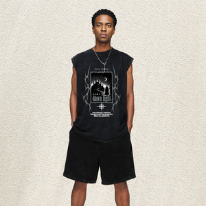 Chaleco Oversize Lavado con Gráfico de <span class=keywords><strong>Castillo</strong></span> Oscuro, Luna y Brújula, Estilo Retro Gótico Streetwear, con Texto 'Dawn Light', Top Hip Hop para <span class=keywords><strong>Hombre</strong></span>, Almacén de EE. UU. - Product Image 3