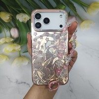 Coque de téléphone à motif floral en strass avec effet vague d'eau, cadre d'appareil photo en cristal et cordon perlé pour iPhone 11/12/13/14/15/16/17 Pro Max