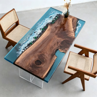 Table à manger en bois de noyer massif fait main avec plateau en résine époxy, base en acrylique transparent, pour la maison, le restaurant ou la villa