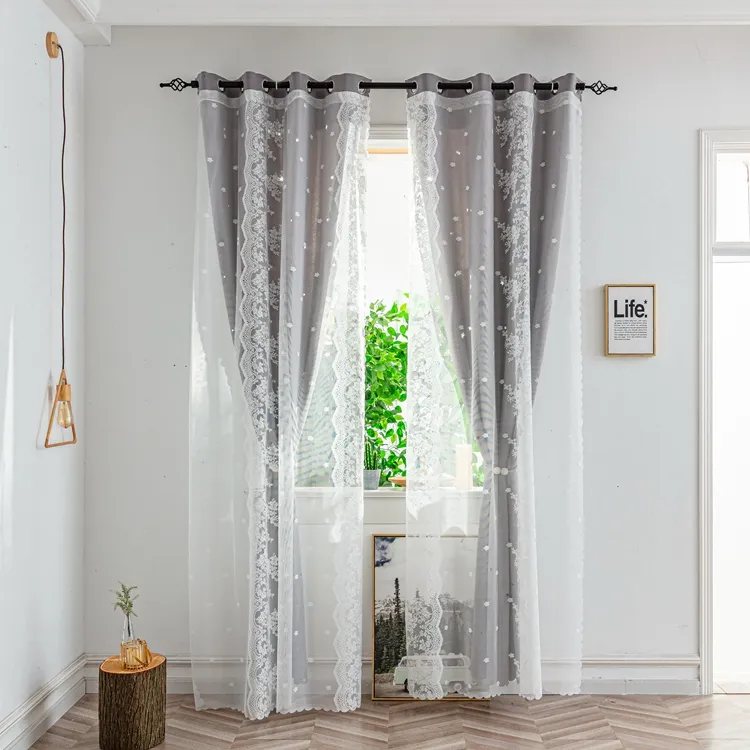 Wholesale Double Layer Lace Customized Curtains Blackout Curtains Embroidery Sheer Lace Windows Curtains For Living Room