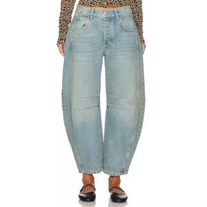 Nuevas llegadas: Jeans casuales de tiro bajo personalizados, de pierna ancha, holgados, rectos, lavados, estilo baggy para niñas. - Product Image 2