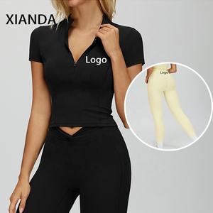 XIANDA OEM Custom Blank Logo Oversized Half-Zipper Sporty Short Sleeve Top Front Scrunch Tight <strong>Leggings</strong> 2 Set Exercise Yoga Wear - Product Image 1