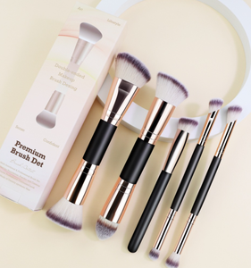 Lot de 5 pinceaux de maquillage double embout personnalisables avec logo, pour fond de teint liquide, anticernes, fard à joues, poudre, poils doux véganes - Product Image 5
