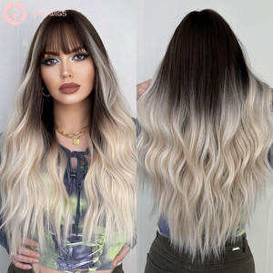 Parrucca Donna Lunga Liscia Ondulata Ombre Marrone Scuro Grigio Wig - Foto 2