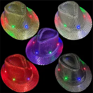 Vente en gros Chapeau Fedora à paillettes lumineuses à LED pour hommes et femmes Chapeaux de danse Western Bling avec paillettes