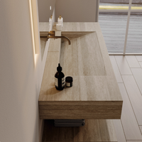 Lavabo double moderne de qualité hôtelière avec vasque rectangulaire en pierre, miroir LED résistant à l'eau, fixation murale classique