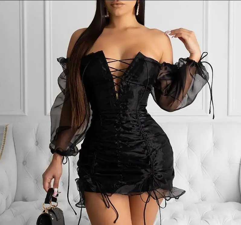 2023 Women Luxury Clothing Mini Birthday Party Dress Ladies Mesh Lace Up Drawstring Puff Sleeves Sexy Short Casual Dress Woman